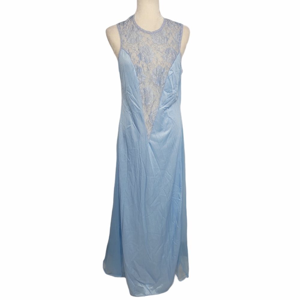 VINTAGE 80s nightgown blue full length lace cutout dress L